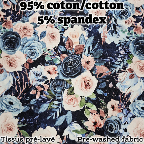 Fleurs en bouquet bleu profond - Jersey de coton * Pré-lavé * 93x98cm