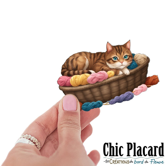 Chat & panier laine- autocollant en vinyl
