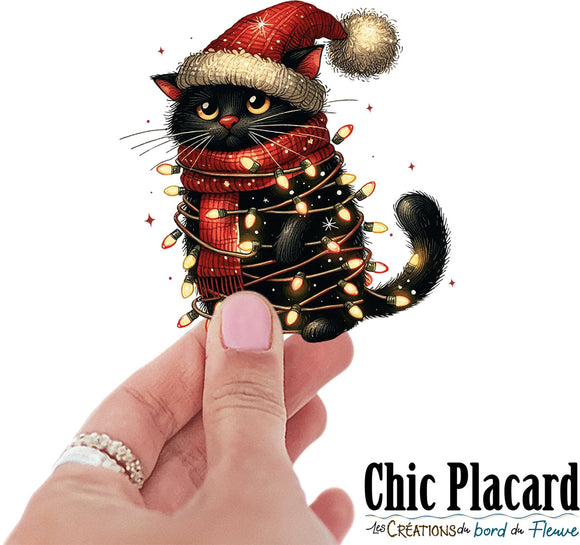 Chat & lumières de Noël- autocollant en vinyl