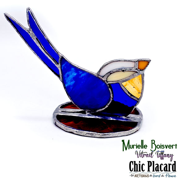 Oiseau bleu sur socle - Vitrail par Murielle Boisvert