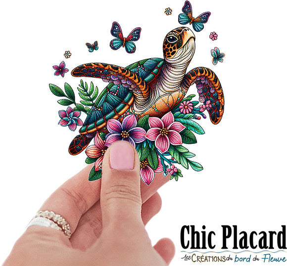 Tortue florale- autocollant en vinyl