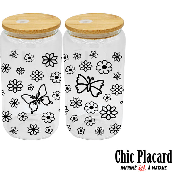 Papillons & petites fleurs - Verre avec couvercle en bambou