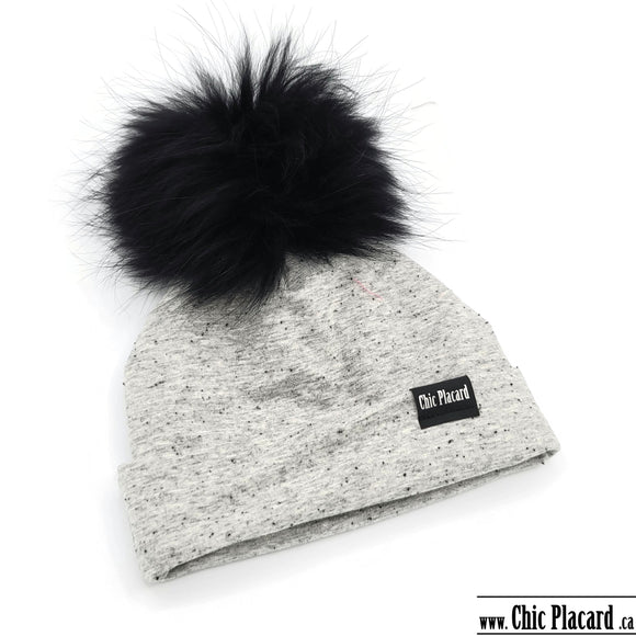 Heather gray beanie with black confetti lined micropolar size 17in (in stock)