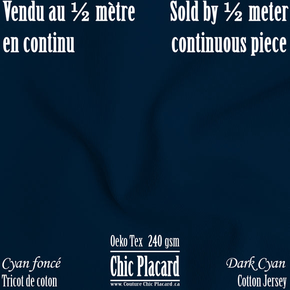 Bleu-Cyan foncé - Tricot de coton 240gsm (au 1/2m)